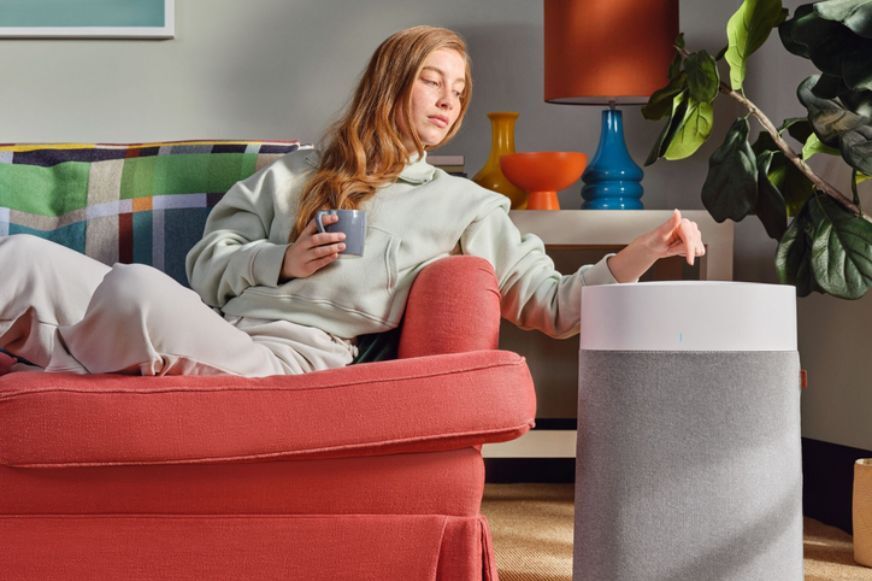 Frau schaltet den Blueair Air Purifier 211i Max ein